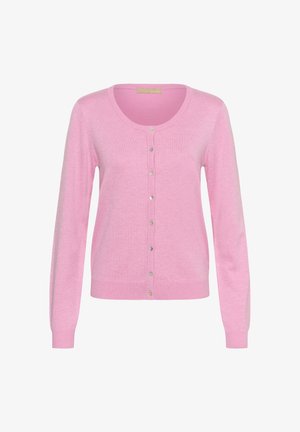 Cardigan rose clair à manches longues avec encolure ronde et sept petits boutons sur le devant, poignets et ourlet côtelés.