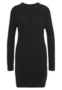 Schwarzes Strickkleid mit rundem Ausschnitt, langen Ärmeln und gerippter Textur. Verfügt über seitliche Schlitze für Bewegungsfreiheit.