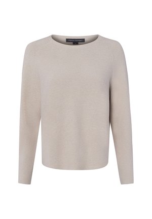 Beiger Strickpullover mit langen Ärmeln, Rundhalsausschnitt, schlanker Passform und ohne sichtbare Muster oder Verzierungen.