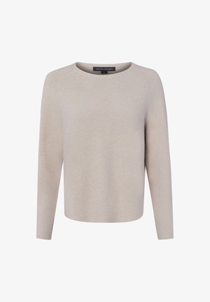 Pull en maille beige à manches longues avec col rond, coupe ajustée, sans motifs ni décorations visibles.