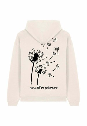 Light beige hoodie featuring a black dandelion design and the text "we will be ephemere" printed on the back. Soft fabric, standard fit.