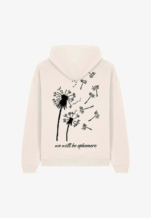 Lichtbeige hoodie met een zwart paardenbloemdesign en de tekst "we will be ephemere" op de achterkant gedrukt. Zachte stof, standaard pasvorm.