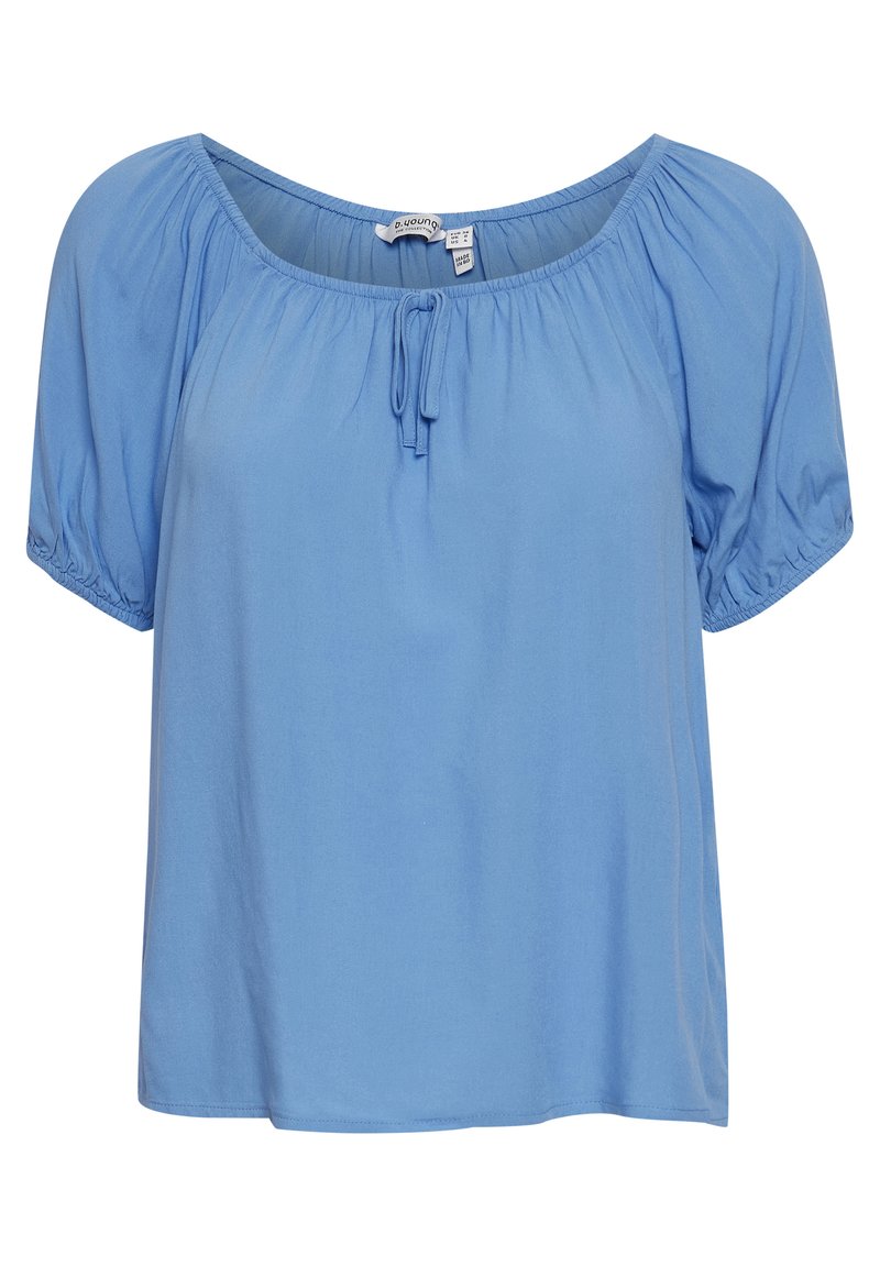 Blusa blu a maniche corte con una vestibilità morbida, polsini elasticizzati e scollatura con coulisse. Realizzata in un tessuto morbido e leggero.