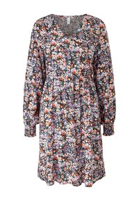 Kukkamekko, jossa on V-päänti, pitkät hihat ja rypytetty vyötärö. Tumma tausta, jossa monivärisiä kukkia vaaleanpunaisena, violetina ja oranssina. Silkkinen kangas.