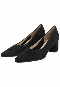 Black suede high heel shoes with a pointed toe and a block heel. Features a low-cut front and a smooth texture.