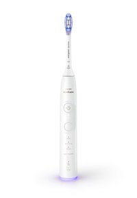 Brosse à dents électrique Philips Sonicare, blanche avec des accents bleus, dotée d'un manche arrondi, de plusieurs boutons pour les modes et d'une base lumineuse.