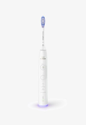 Philips Sonicare elektrische tandenborstel, wit met blauwe accenten, heeft een ronde handgreep, meerdere knoppen voor standen en een verlicht voetstuk.