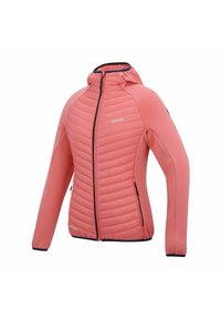 Veste matelassée rose à capuche avec fermeture éclair noire et bordure, poches latérales zippées et manches longues, conçue pour une utilisation en extérieur.