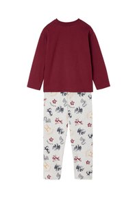 Children’s long-sleeve burgundy top paired with light grey pants featuring multicolor Harry Potter-themed crests and animal motifs.