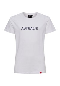 Hvid bomulds T-shirt med ordet "ASTRALIS" i fede marineblå bogstaver hen over brystet. Indeholder en lille rød logo-tags ved kanten.