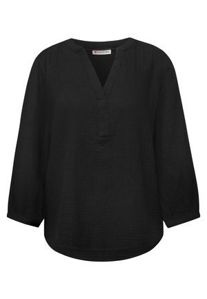 Blouse noire à manches longues avec col en V, col mandarin, tissu texturé et coupe décontractée, conçue par Street One.
