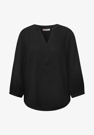 Blouse noire à manches longues avec col en V, col mandarin, tissu texturé et coupe décontractée, conçue par Street One.