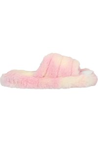 Flauschiger rosa und pastellfarbener Gradient-Rutschsandale mit einer weichen, flauschigen Textur und offenem Zehen-Design, ausgestattet mit einer gepolsterten Sohle.