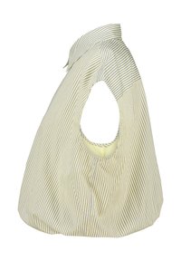 Striped shirt with yellow and blue lines, short sleeves, and a cut-out design on the armholes, featuring a classic collar.