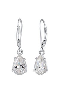 Silberfarbene Klapp-Ohrhänger mit tropfenförmigen klaren Kristallen, facettiert für Glanz, in einer Metallfassung im Krappenstil eingesetzt.