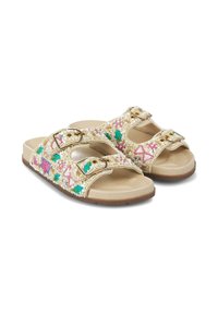 Sandalias con cuentas, con dos correas ajustables, herrajes dorados y bordados florales en rosa y verde sobre una base beige. Plantilla texturizada, suela plana.