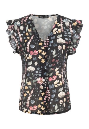 Sort kortærmet bluse med flæseærmer, V-hals, knapper foran og farverigt blomsterprint i pink, gul, blå og hvide toner.