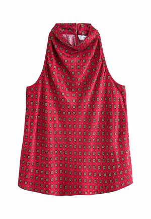 Blouse rouge sans manches avec col montant et motif floral carré petit répétitif en noir, jaune et blanc.