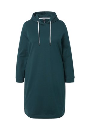 Langärmliges, dunkelblaues Kapuzenkleid mit weißen Kordeln und gerippten Bündchen, entworfen für den lässigen Gebrauch.
