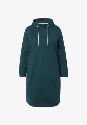 Langærmet mørk teal hoodie kjole med hvide snore og ribbede manchetter, designet til afslappet brug.