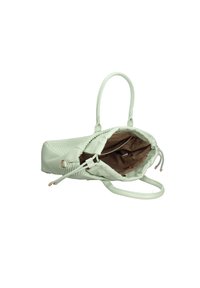 Borsa intrecciata verde menta con dettagli in pelle liscia, apertura superiore e interno marrone. Presenta doppi manici e una forma rettangolare strutturata.