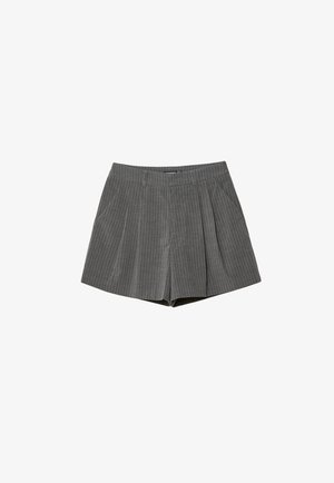 Gray pinstriped shorts with pleats, featuring a flat front waistband and side pockets, made from a soft fabric blend for comfort.