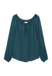 Blusa lunga manica in teal realizzata in tessuto leggero, con un colletto arricciato e dettagli con cordoncino. Vestibilità morbida con polsini arricciati.