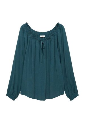 Blusa lunga manica in teal realizzata in tessuto leggero, con un colletto arricciato e dettagli con cordoncino. Vestibilità morbida con polsini arricciati.