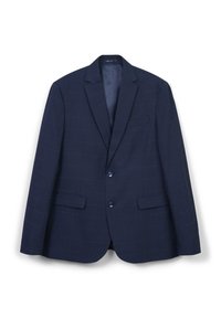 Marineblau kariertes Sakko mit zwei Knöpfen, Reverskragen und zwei Fronttaschen. Hergestellt aus strukturiertem Stoff, mit glattem Innenfutter.