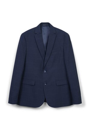 Marineblau kariertes Sakko mit zwei Knöpfen, Reverskragen und zwei Fronttaschen. Hergestellt aus strukturiertem Stoff, mit glattem Innenfutter.