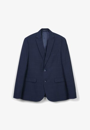 Blazer a quadri blu navy con due bottoni, rever a scollo e due tasche frontali. Realizzato in tessuto testurizzato, presenta un rivestimento interno liscio.