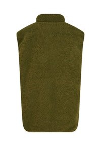 Fleece-Rückenwickel in dunkelolivgrün, rechteckige Form mit abgerundeten Kanten, hoher Kragen, weiche Textur, keine sichtbaren Muster oder Beschläge.