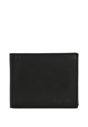 Čierna kožená dvojitá zložka peňaženky s jemným prešívaním a vyrazeným logom v pravom dolnom rohu.