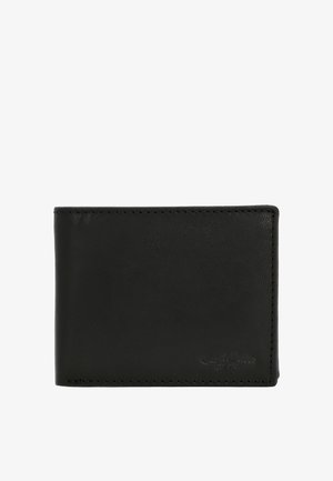 Portafoglio bifold in pelle nera con cuciture sottili e logo impresso nell'angolo in basso a destra.