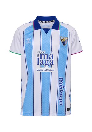 Hvid og lyseblå vertikalstribet fodboldtrøje med mørkeblå krave, Málaga holdemblem og sponsortekst på front og side.