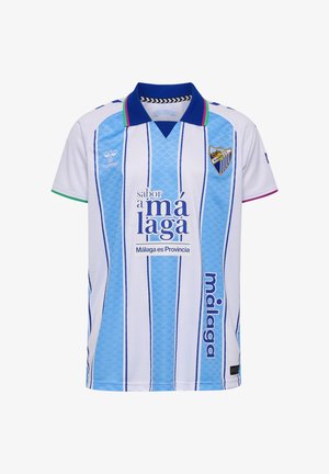 Hvid og lyseblå vertikalstribet fodboldtrøje med mørkeblå krave, Málaga holdemblem og sponsortekst på front og side.