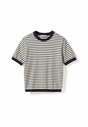 Īsām piedurknēm adīts džemperis ar horizontālām tumši zila un baltām svītrām, tumši zils ribots apkakle, aproces un apakšmala.