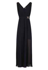 Svart, ärmlös maxiklänning med V-ringning, veckad bodice och ett midjebälte med en dekorativ spänne. Genomskinliga sidopaneler.