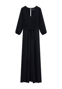 Zwarte jurk met een V-hals, lange pofmouwen en een taille die is geplaatst met een stoffen riem. Vloerlengte met een rechte silhouet en zonder patronen.