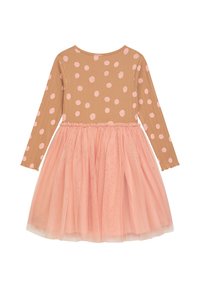 Braun langärmliges Kleid mit rosa Punkten auf dem Oberteil und einem geschichteten rosa Tüllrock. Es hat einen elastischen Bund und gewellte Manschetten.