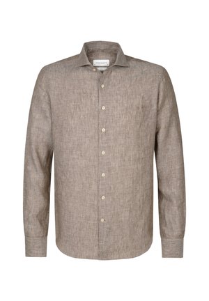 Camisa de lino marrón claro con mangas largas, cierre frontal de botones, cuello extendido y un bolsillo en el pecho. Textura suave con un sutil patrón tejido.