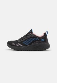 Black athletic shoes featuring a breathable mesh upper with blue and pink accents, a ridged outsole, and a padded collar for comfort.