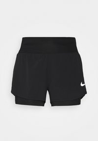 Svarta atletiska shorts med ett åtsittande innerlager, bred midja och en vit Nike-logga fram. Lätt, slät tyg.