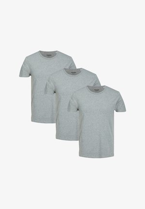 Trois t-shirts en coton gris à manches courtes et encolure ronde, présentant un design uni sans motifs ni embellissements.