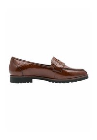 Mocassin en cuir verni marron avec une semelle en caoutchouc noir bas, présentant une bande décorative sur le devant et une finition lisse et brillante.