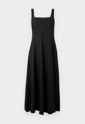 Fekete, ujjatlan maxi ruha négyzet alakú dekoltázzsal, lebegő szsilhuettal és egyszerű vonalakkal. Könnyű anyagból készült, minta vagy díszítés nélkül.