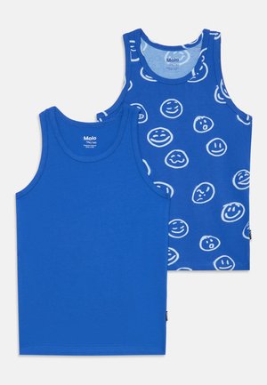 Two blue tank tops: one is solid blue, the other features white smiley face patterns. Both have round necklines and sleeveless designs.