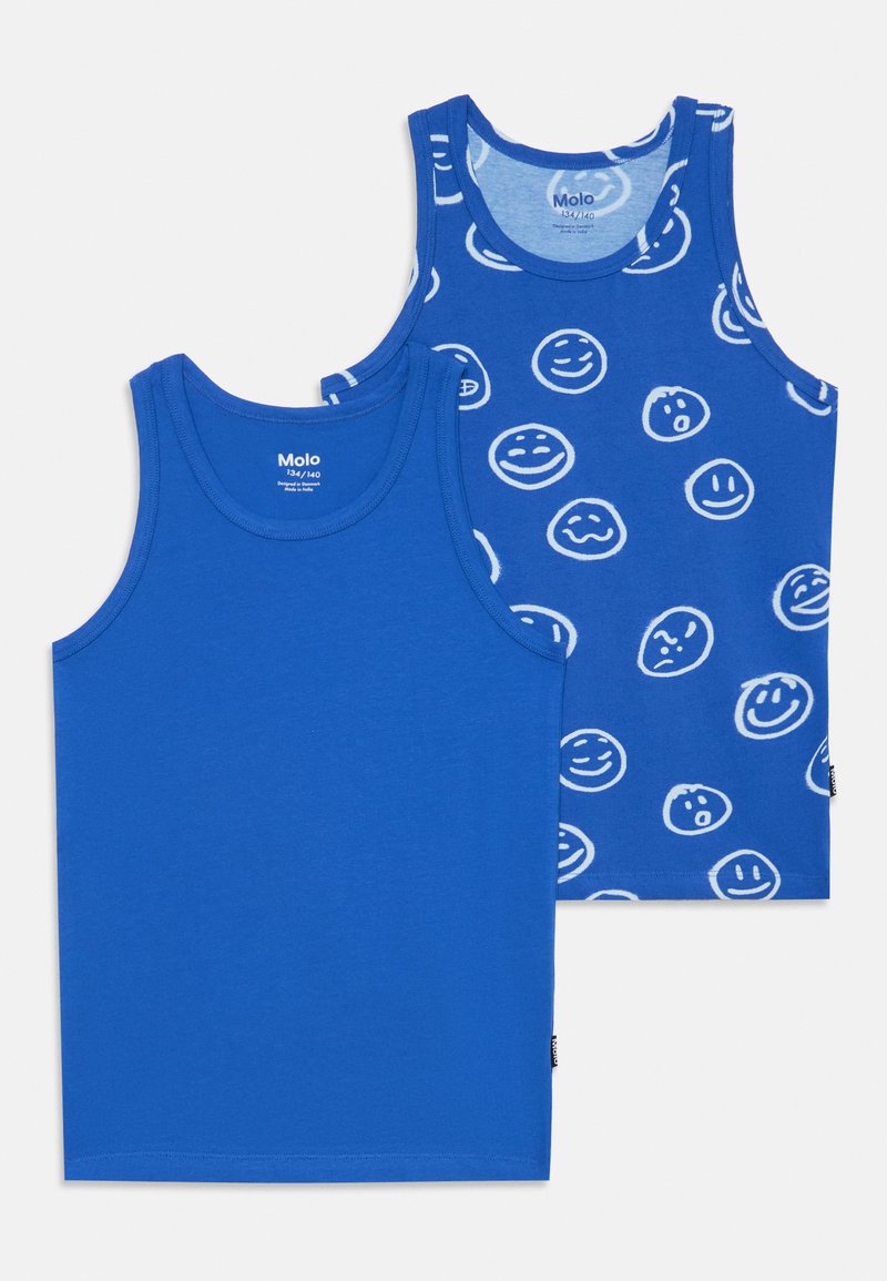 Dve modre majice brez rokavov: ena je enobarvna modra, druga pa ima bel vzorec nasmejanih obrazov. Obe imata okrogle izreze.