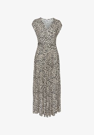 Maxi dress in a cream and black leaf pattern. Features a V-neck, short sleeves, and a cinched waist. Flowy fabric with a pleated hem.