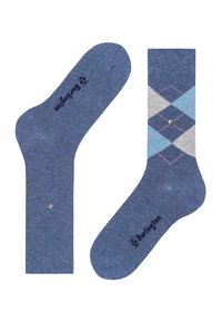 Niebieskie skarpetki bawełniane z wzorem argyle w jasnym niebieskim, szarym i różowym kolorze. Zawiera detale logo oraz błyszczący srebrny akcent na jednej skarpetce.